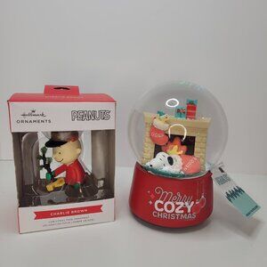 Musical Snoopy “Merry Cozy Christmas” Snow Globe + Charlie Brown Ornament
